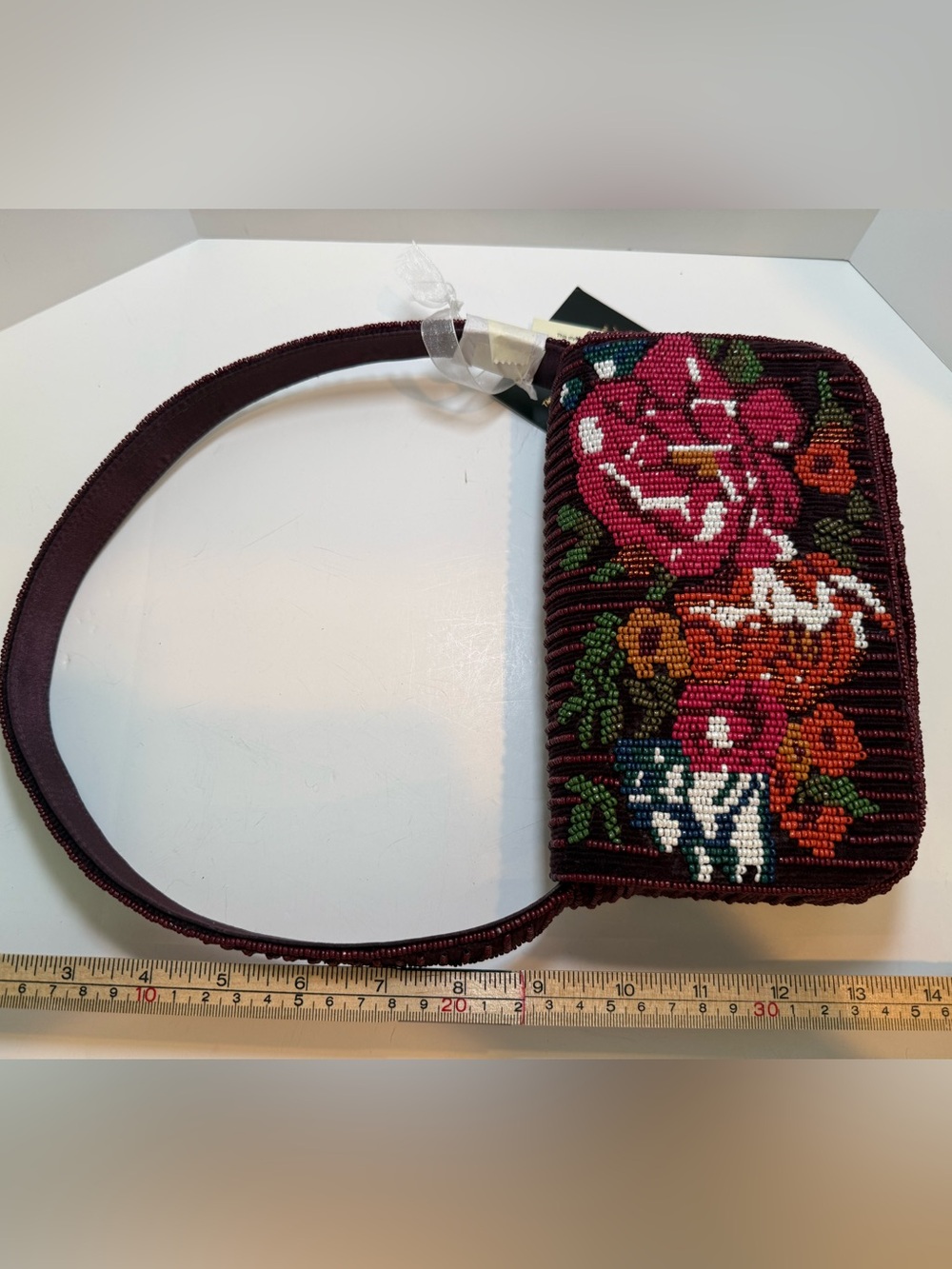 * Beaded Floral Shoulder Bag in Burgundy Corduroy with Multicolor Floral Design